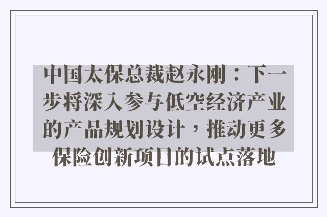 中国太保总裁赵永刚：下一步将深入参与低空经济产业的产品规划设计，推动更多保险创新项目的试点落地